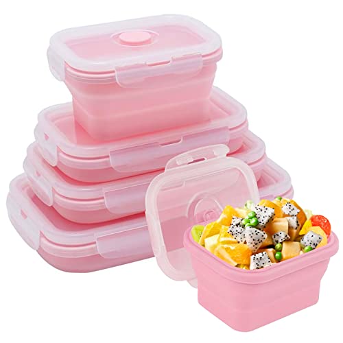Yagote 4 Pcs Silicone Collapsible Food Storage Containers With Lids Silicone Lunch Box Bento Box Bpa Free For Kitchen Pantry Organization Microwave Freezer (4Pcs-Pink) #TOP18
