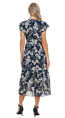 Image of VintageClothing Womens Sundress Casual Floral Summer Boho Dress | Flowy Wrap V Neck Ruffle A-Line Pleated Hem Midi Dresses