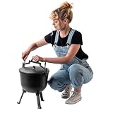 KADAX Kociołek żeliwny 10 l z pokrywą i nóżkami, równomierne nagrzewanie, stabilny nad żarem, do gotowania przy ognisku, na campingu i BBQ