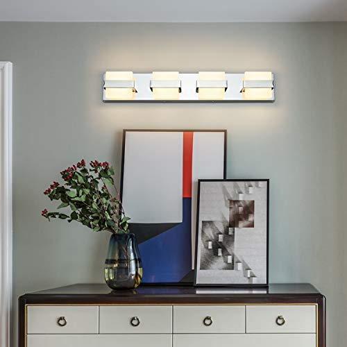 Image of SOLFART 4 Lights Chrome Bathroom Lights Modern LED Vanity Lights Fixtures Over Mirror Bathroom Light Fixtures 27 inch Warm Light Non Dimmable