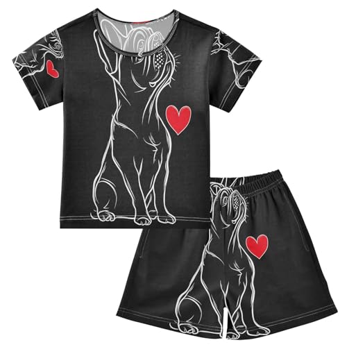 ALAZA Lovely Bulldog Black Pajamas Set Short Sleeve Cotton Sleepwear Summer Pjs 2 Piece 5-14Y