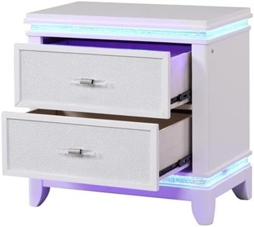 Pemberly Row Modern King 4PC Storage Bedroom Set, Solid and Manufactured Wood, Milky White Finish, LED Lighting, Crystal Accents, Dresser, Mirror, Chest, Nightstand, Button Tufted Headboard