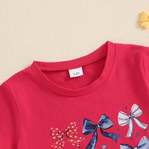 Image of Kids Toddler Little Girls 4th of July T-Shirt Coquette Red White & Blue Patriotic Bows Retro American Flag Top