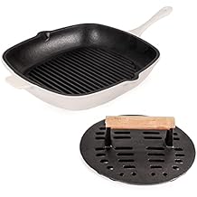 Berghoff Neo 2Pc Enameled Cast Iron Grill Set, Grill Pan 11 inches, Slotted Steak Press 8 inches, Fast, Evenly Heat, Oven safe Meringue