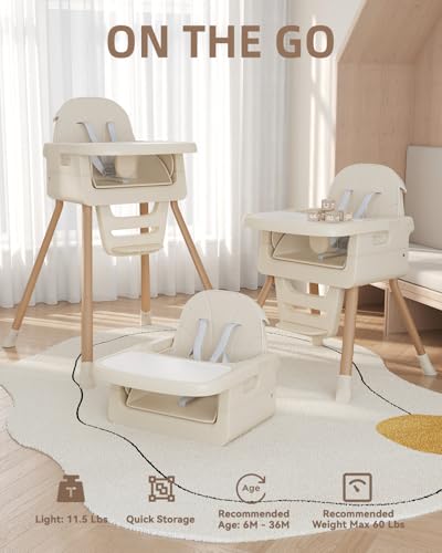 Image of Baby High Chair for 6 Months+, Foldable High Chairs for Babies and Toddlers, Convertible High Chair, Adjustable Tray & Footrest, Portable High Chair & Easy to Clean(White with Wood Grain)