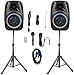 Pair Alphasonik All-in-one 8" Powered 800W PRO DJ Amplified Loud Speakers with Bluetooth USB SD Card AUX MP3 FM Radio PA System LED Lights Karaoke Mic Guitar Amp 2 Tripod Stands Cable and Microphone