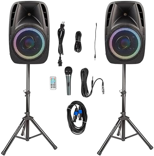 Pair Alphasonik All-in-one 8' Powered 800W PRO DJ Amplified Loud Speakers with Bluetooth USB SD Card AUX MP3 FM Radio PA System LED Lights Karaoke Mic Guitar Amp 2 Tripod Stands Cable and Microphone