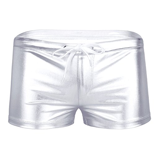Msemis Men's Sexy Metallic Wetlook Drawstring Boxer Shorts Swim Trunks Punk Underwear Underpants Silver Medium #TOP4