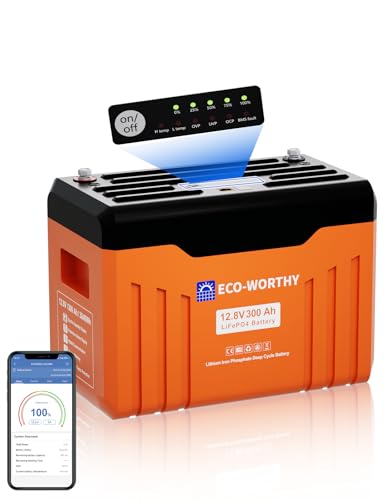 ECO-WORTHY 12V 300AH LiFePO4 Lithium Battery Bluetooth with SOC LEDs, Low Temp Protection, 3840WH, 200A BMS Up to 15000 Deep Cycle for Off-Grid, RV, Solar Power System, HomeBackup