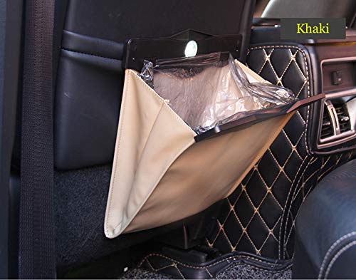 Image of Car Trash Bin w /50pcs Trash Bags - LED Luxury Leather Garbage Can - Folding, Waterproof - Khaki