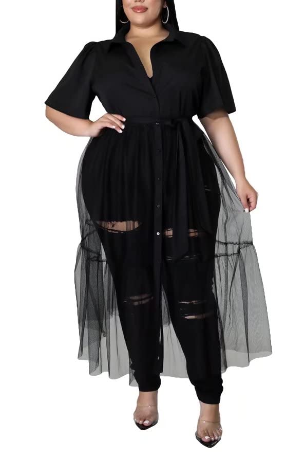 Photo 1 of Ekaliy Women’s Plus Size Casual Tunic Tops Blouses Mesh See Through Shirts Dresses with Belt Club Party Outfit 19black X-Large
