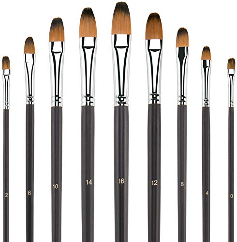 Filbert Paint Brushes Set, Golden Maple 9 Pcs Professional Artist Brush for Acrylic Oil Watercolor Gouache Painting Long Handle Brushes Nylon Hair