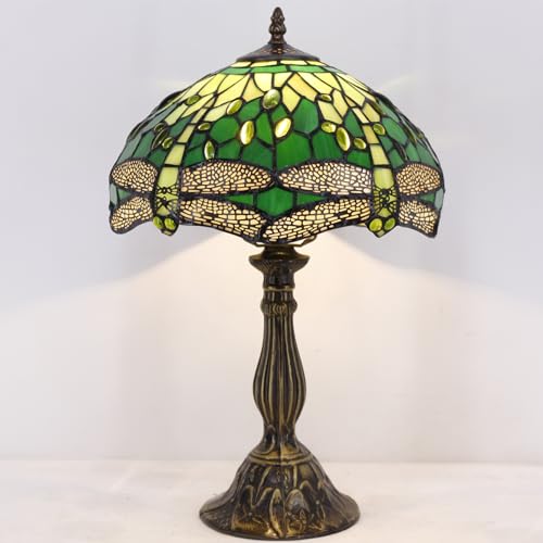 Image of WERFACTORY Tiffany Lamp Green Stained Glass Bedside Table Lamp 18 Inch Tall
