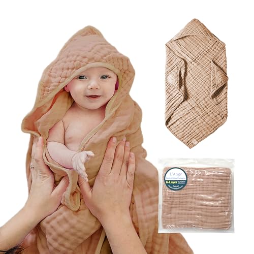 Image of L'Ange Muslin Hooded Baby Towel - Infant Bath Towel with Hood for Newborn Babies Boy or Girl - 100% Cotton - Pack of 1 - Ready to Use Medical Grade Packaging - 6 Layers - Light Brown - 31.5x31.5 in