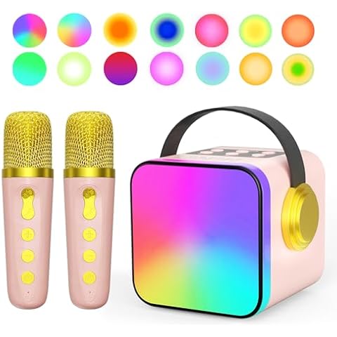 UNIH Mini Karaoke Machine for Kids Adults,Portable Bluetooth Karaoke Speaker with 2 Wilreless Microphones,14 Lighting Modes,Festival Toys for Girls Boys 4, 5, 6, 7, 8+ Years Old Toddler Teens (Pink) Cover