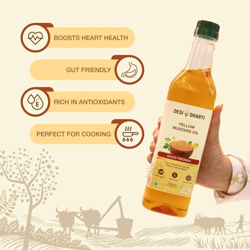 Image of Desi Dharti Premium Wood Cold Pressed Yellow Mustard Oil - 5L (Pack of 1) | Natural & Pure, Unrefined, Rich Aroma, Omega-3 & Antioxidants | A1 Grade Mustard Seeds | Ideal for Cooking, Frying, Pickling & Daily Use