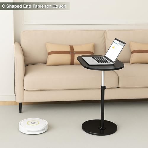 Image of Adjustable C-Shaped Couch Side Table | 360 Swivel TV Tray Stand | Slide-Under Sofa End Table in Black (Engineered Wood)