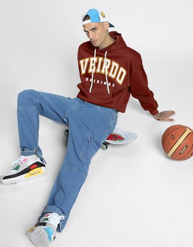 Image of Veirdo Fleece Oversized Baggy Fit Hooded Sweatshirt Drop Shoulder Typographic Logo Printed Full Sleeve Hoodie for Men (Avaiable in Colors: Copper Tan, Rust & Red)