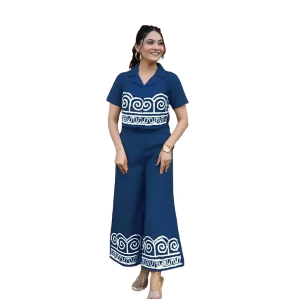 Women’s Cotton Slub Printed Palazzo Jumpsuit Short Sleeve Set