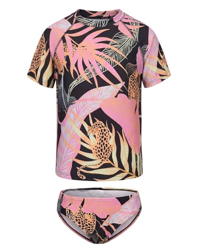 Image of Girls Two Piece Rash Guard Swimsuits Set Short Sleeve Bathing Suit for Kids Hawaiian Swimwear Set 3-16 Years