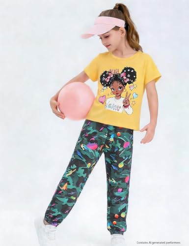 Image of mksodop Girls Outfit Set Graphic T Shirt and Camo Jogger Pants Cute Casual Clothes for Girls 5-16 Years