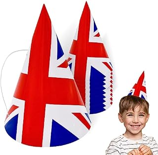 Gistome 10 Pieces Union Jack Hats, British Flag Paper Party Hats with Elastic String, Cone Hat Flag Cap for Adults, Kids, UK Tableware Decorations Party Supplies for His Majesty King's Birthday