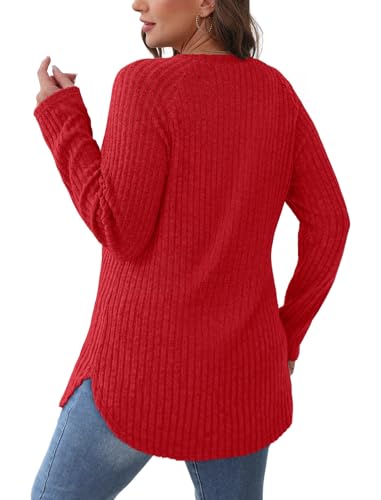 Image of Saloogoe Long Sleeve Shirts for Women 2025 Fall Clothes Tunic Tops Loose Fit Dressy Crewneck Pullover Sweaters Curved Hem