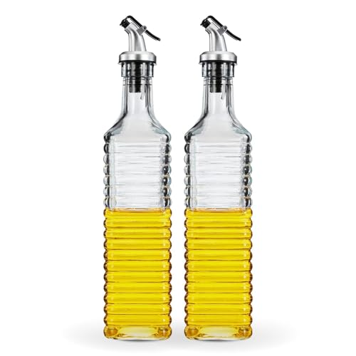 Amazon Brand - Solimo Oil Dispenser With Spout, Juices; Leak-Proof, Dust-Proof, Messy-Pour-Free, Silica Glass, Striped Design, Set Of 2, 500 Ml, Trans