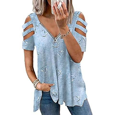 Colisha Womens Cold Shoulder Blouse Tops Ladies Short Sleeve Loose Zip V Neck T Shirts Casual Print Tunic Hollow Out Shoulder Tee Shirt M Heart Blue Cover