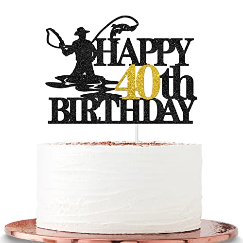 Halawawa Happy 40Th Birthday Cake Topper, Fishing Theme Birthday Party Decoration For 40Th Men, Fishing Lover Birthday Party Supplies, Forty Years Old Men Birthday Party Cake Decor #TOP6