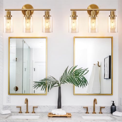 Image of DLLT 3-Light Bathroom Light Fixtures: Gold Modern Vanity Wall Lights with E26 Bulbs - Clear Glass Shade Bathroom Wall Lamp for Mirror Kitchen Living Room Hallway Cabinet Porch
