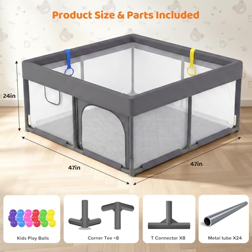 Image of Dripex Baby Playpen, 47 inchx47 inch Small Play Pen for Babies, Dark Grey | With Buildmat /Colorful Balls /Pull up Rings, Breathable Visible Mesh, Easy Setup, Indoor /Outdoor Use