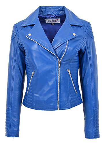 Anna Veste de motard en cuir véritable avec fermeture éclair croisée pour femme Coupe ajustée, bleu, 44