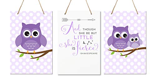 Image of LifeSong Milestones and Though She May Be Little She is Fierce 3 Piece Owl Childrens Wall Decor Signs for Kids, Bedroom, Nursery, Baby’s Boys, Girls Room, Size 8” x 12” Made in USA (Purple)