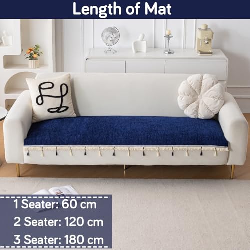 Image of HOKIPO 'Serenity Tassel' Chenille 3 Seater Sofa Cover with Tassel - Sapphire Navy (IN-892-NBL)