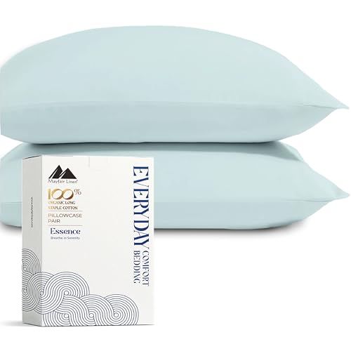 Image of Mayfair Linen 100% Organic Cotton Percale Pillow Cases Queen /Standard Size Set of 2 - Percale Pillowcovers Standard /Queen (Sea Foam), Soft Cooling Pillow Case for Sleeping, Cotton Pillowcases