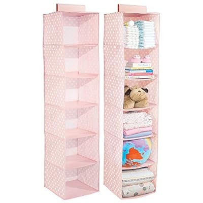 mDesign Soft Fabric Over Closet Rod Hanging Storage Organizer with 6 Shelves for Child/Kids Room or Nursery - Polka Dot Pattern - 2 Pack - Light Pink with White Dots