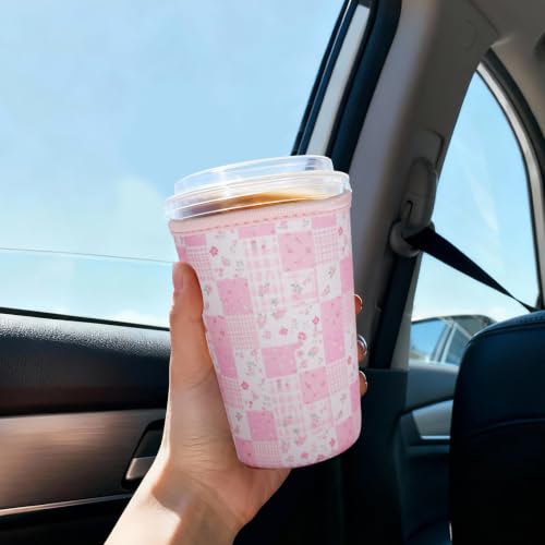Image of Reusable Insulated Sleeve for Iced Coffee Cup, 3-Pack Coffee Neoprene Drink Sleeve for Cold & Hot Drinks, Beverage Holder for Iced Coffee (Pink Patchwork)