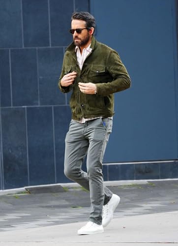 Ryan Reynolds Trendy Handmade Green Stylish Suede Leather Trucker Jacket for Men Premium and Durable Quality3
