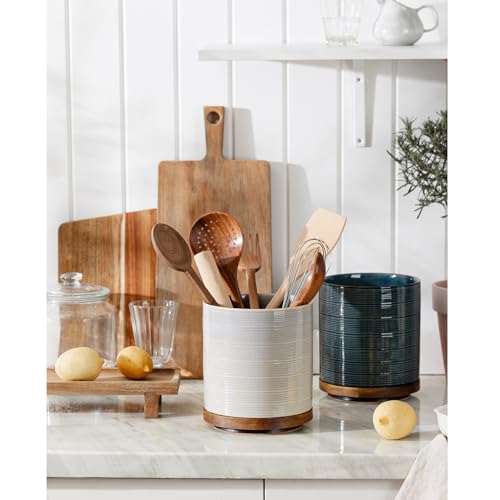 Image of Utensil Holder, 360 Rotating Extra Large Ceramic Kitchen Utensil Holder for Countertop, 7.3 inch Cooking Utensil Crocks for Kitchen Counter with Rotatable Wooden Base, Farmhouse Decor, Dusty Blue