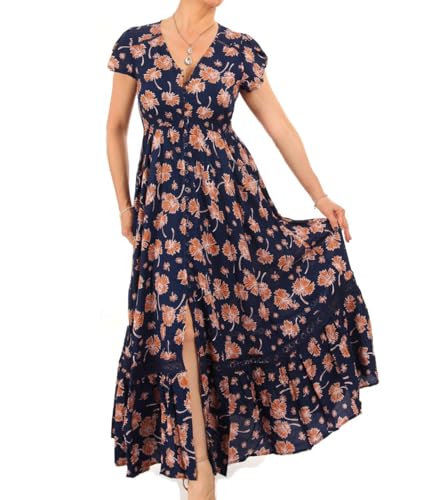 Robe longue bohème imprimée Blue Banana à boutons et manches courtes