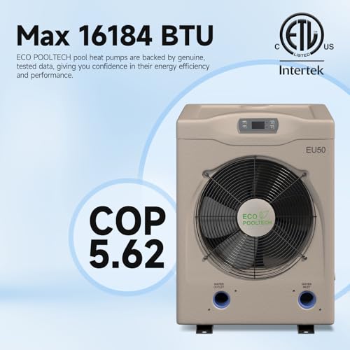 ECOPOOLTECH Above Ground Pool Heater EU50, Max 16184BTU Up to 5000gallons Electric Swimming Pool Heat Pumps, Titanium Heat Exchanger, 5.62 COP, 110V/120V, Fits 8/11/15 Foot Pools Heating Pool Warmer