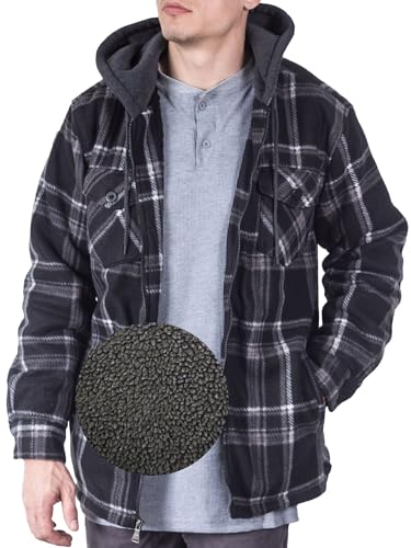 Visive Lined Flannel Sherpa Jacket for Men Thick Fleece Heavy Zip up Hoodies Big and Tall Plaid Quilted Mens Flannel Jackets