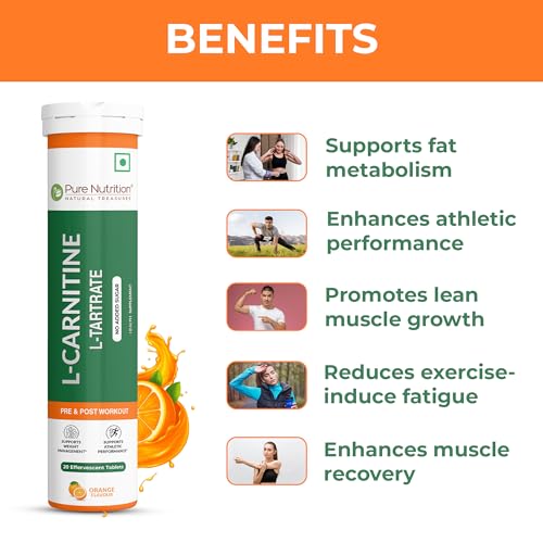 Image of Pure Nutrition L-Carnitine L-Tartrate 20 Effervescent Tablets (Orange Flavour) | Supplement for Pre & Post-Workout | Energy Recovery, Fat Burn & Lean Muscle Support | No Added Sugar