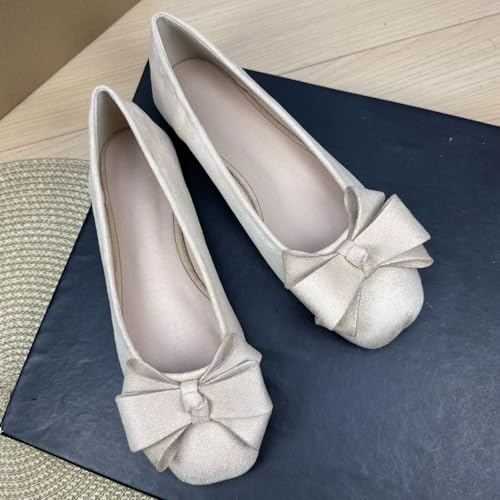 HuangTaiJi Qing Womens Suede Square Toe Bow-Knot Ballet Flats Dressy Flat Shoes Bowtie Comfortable Slip-Ons Loafers2