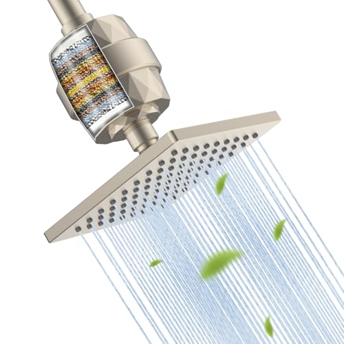 Hibbent Metal Filtered Shower Head, 6'' High Pressure RainShower Head, 20 Stage Shower Filter for Hard Water Softener, Bathroom Rainfall Shower Head to Remove Chlorine and Heavy Metal, Brush