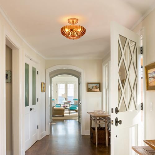 Image of Modern Amber Glass Scalloped 3-Light Flush Mount Ceiling Light Gold Base