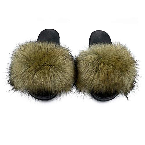 Image of Women's Faux Fur Slides Slippers Fluffy Fuzzy Sandals Open Toe Furry Slide Flip Flop Indoor Outdoor