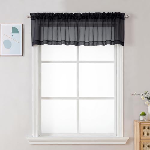 Image of Chyhomenyc Black Sheer Valance for Windows, 42Wx12L, 2 Pack | Light Filtering Voile Soft Airy Topper Small Window Treatment Rod Pocket, Living Room Bedroom Laundry Basement