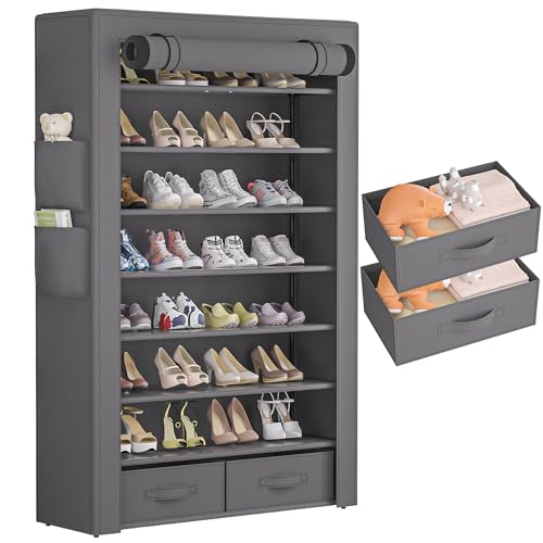 OYREL Shoe Rack Storage Cabinet 32 Pairs Organizer Shelf Tall for Shoes Large Free Standing Racks Vertical Shoe Holder Stand with Cover Two Boxes Closet